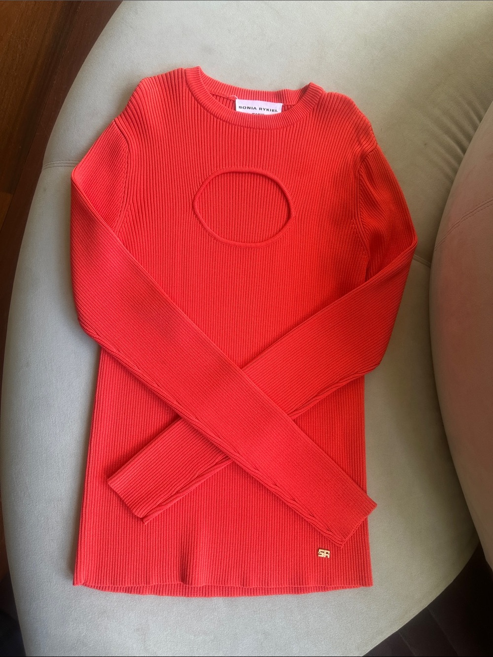 Sonia Rykiel Bright Red Ribbed Cutout Crewneck Sweater